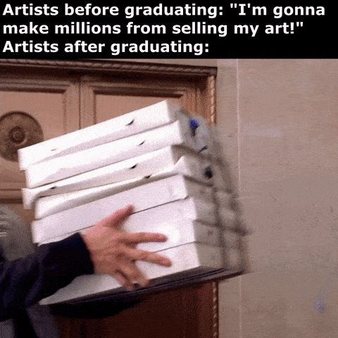 a person is carrying a stack of pizza boxes with the caption " artists before graduating : "