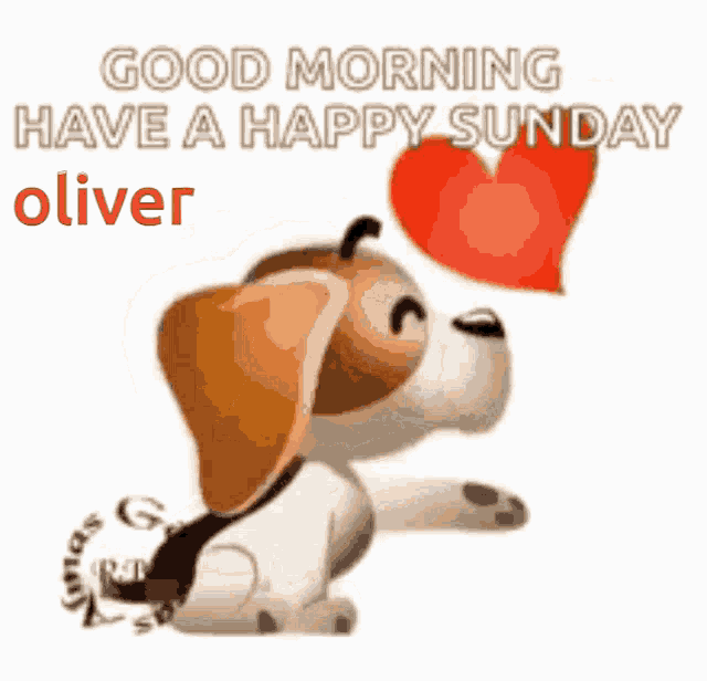 a picture of a dog with the words good morning have a happy sunday oliver on it