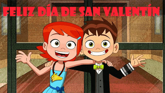 a cartoon of a boy and a girl standing next to each other with feliz dia de san valentin in red letters