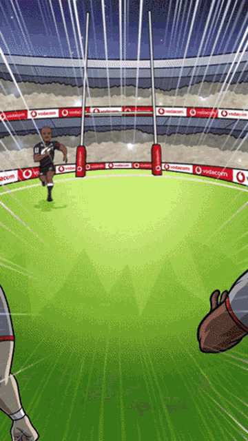 a cartoon drawing of a stadium with ads for vodafone on the stands