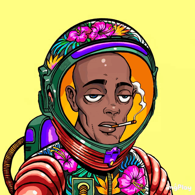 a cartoon of an astronaut smoking a cigarette with flowers on his helmet