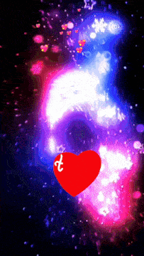 a red heart with the letter t on it is surrounded by colorful lights