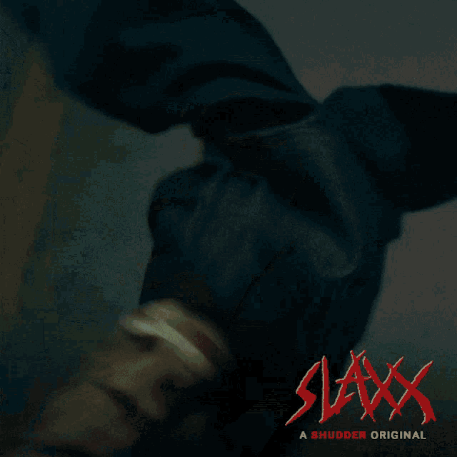 a poster for slaxx a shudder original shows a hand with blood on it