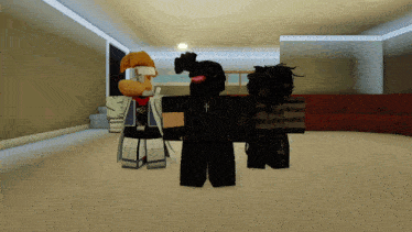 a group of roblox characters standing in a living room