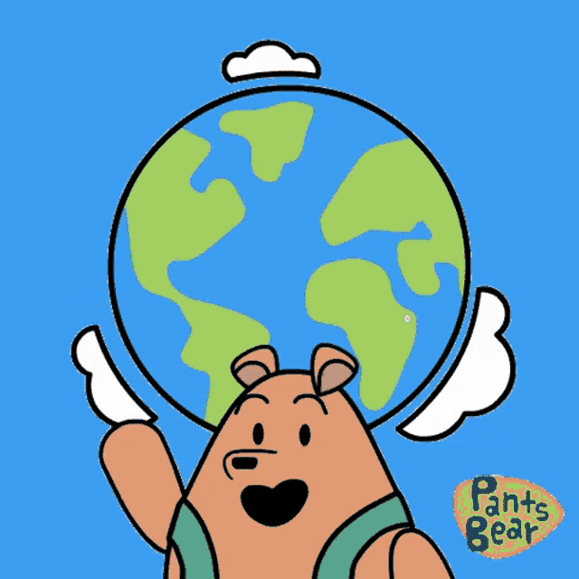 a cartoon of a bear holding a globe with pants bear on the bottom