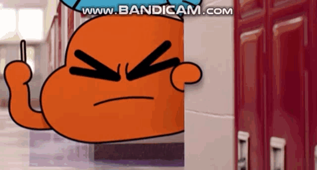 a cartoon character is giving the middle finger in front of a row of lockers