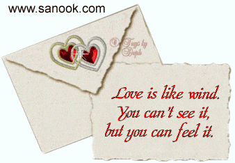 an envelope with two hearts and a note saying love is like wind