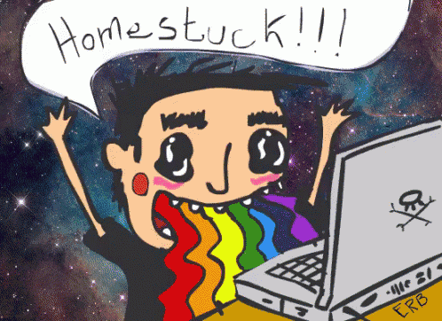 a cartoon of a person with a laptop and a speech bubble that says home stuck !!!