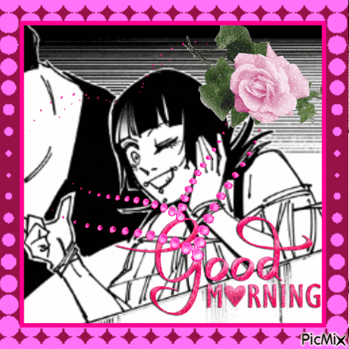 a black and white drawing of a woman with a pink rose and the words good morning
