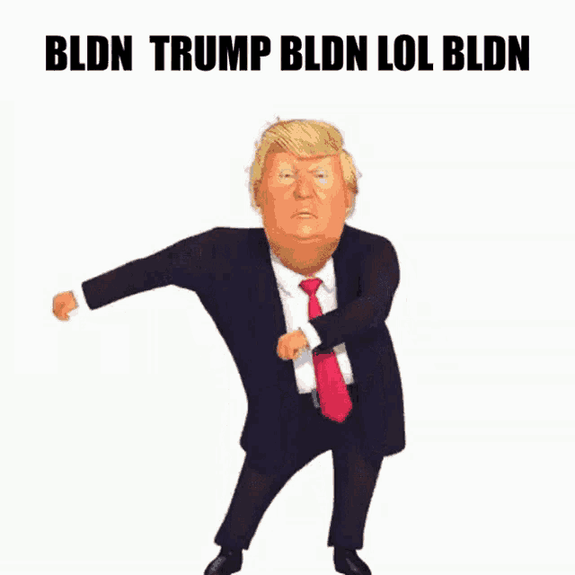 a cartoon of donald trump in a suit and tie is dancing on a white background .