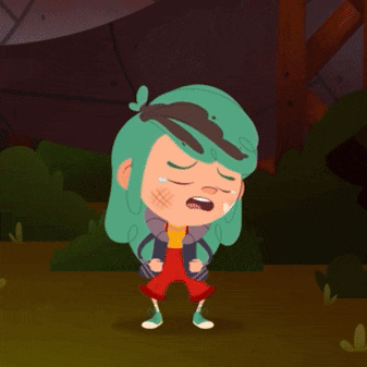 a cartoon of a girl with green hair covering her face