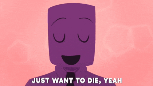 a purple cartoon character with the words just want to die yeah written below it
