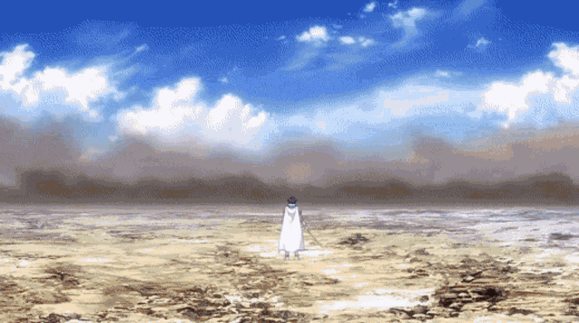 a person standing in the middle of a desert with a sword