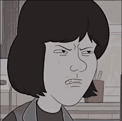 a cartoon character is making a funny face in a kitchen