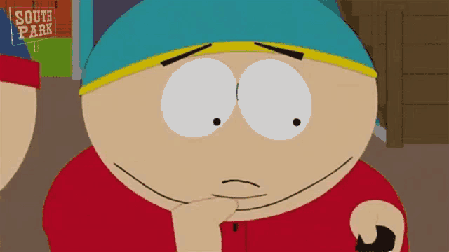 a cartoon character from south park is holding his hand to his chin and smiling .
