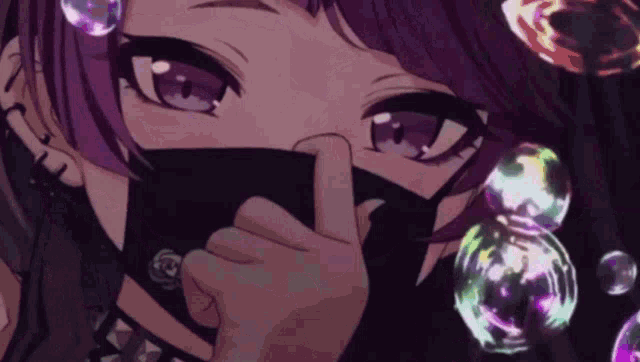 a girl with purple hair wearing a black mask