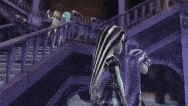a couple of monster high dolls carrying a trunk and stairs in the background