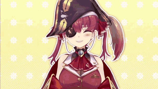 a girl in a pirate outfit is smiling in front of a yellow background with anchors