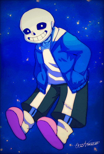 a drawing of a skeleton in a blue jacket and shorts with a signature on the bottom right corner