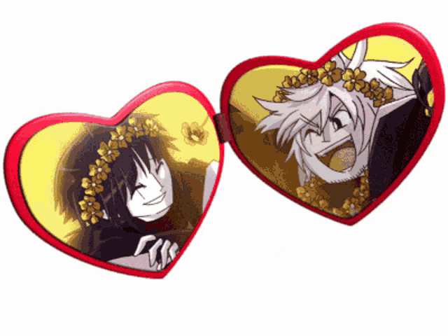 a pair of heart shaped mirrors with a picture of a boy and a girl