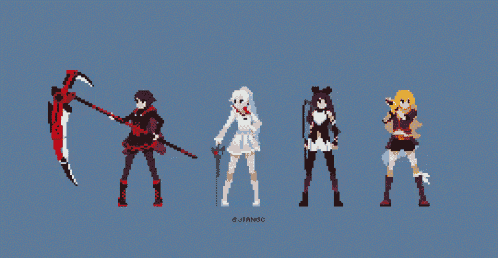 a pixel art of a group of anime characters including ruby rose holding a scythe