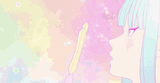 a girl with blue hair is holding a feather in her hand and looking at it .