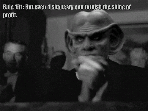 a black and white photo of a man with the words rule 181 not even dishonesty can tarnish the shine of profit