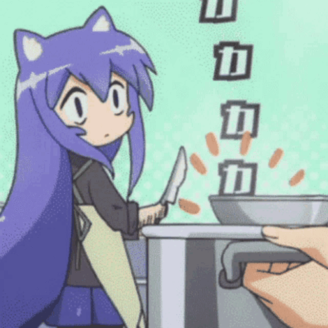 a cartoon girl with purple hair is holding a knife in front of a pot