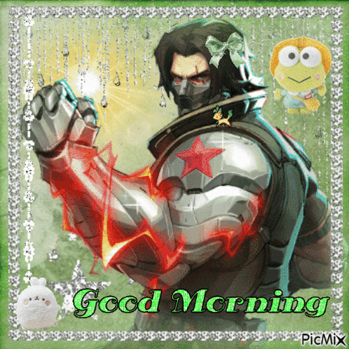 a picture of a superhero with a red star on his arm and the words good morning