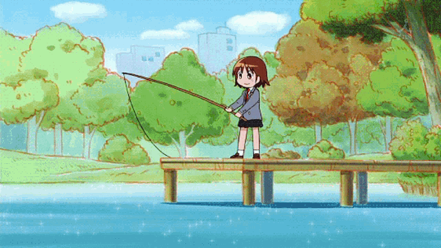 a girl is fishing on a dock in the park