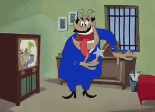 a cartoon character is standing in front of a television in a room
