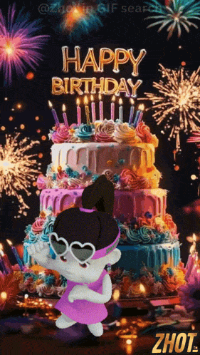 a cartoon girl is standing in front of a birthday cake with candles and fireworks in the background .