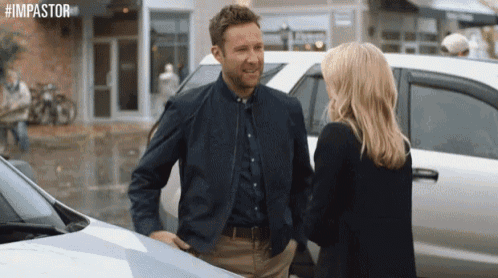 a man and a woman are standing next to each other in front of a car with #impastor written on the bottom