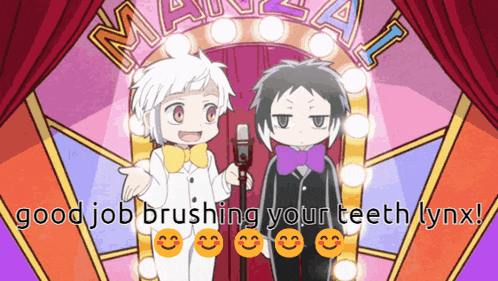 two cartoon characters are standing in front of a microphone with the words good job brushing your teeth lynx
