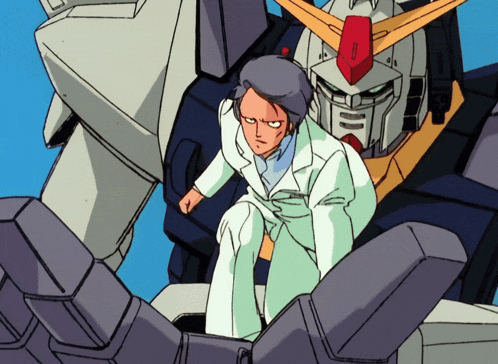 a man in a lab coat sits on a robot with a red head