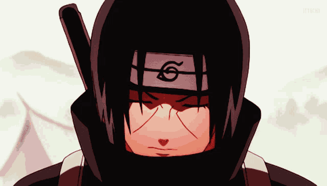 a close up of a person 's face with the word itachi on the bottom left