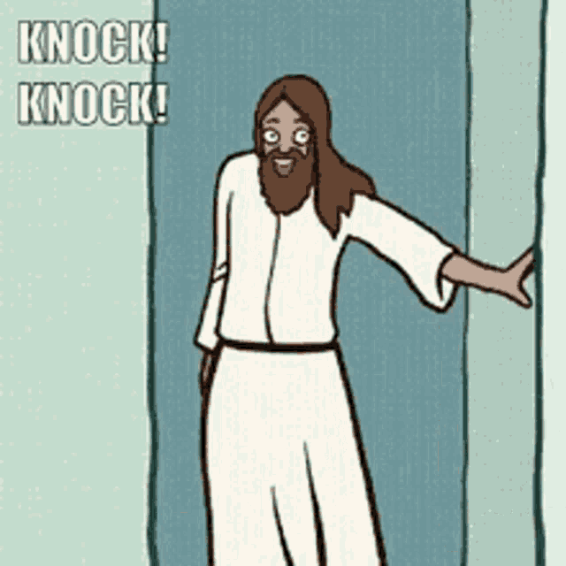 a cartoon of jesus standing in a doorway with the words knock knock written above him