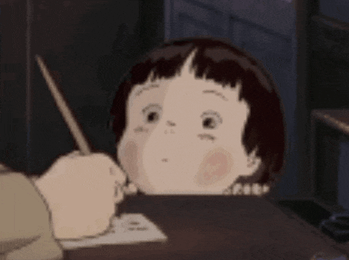 a cartoon girl is writing on a piece of paper .