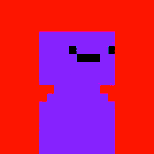 a pixel art drawing of a purple robot with a black face .