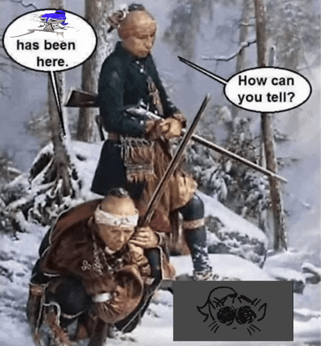 two native americans are kneeling in the snow with a speech bubble that says has been here
