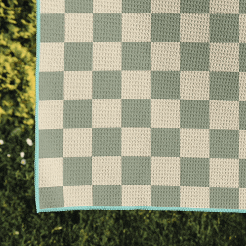a green and white checkered blanket with blue trim
