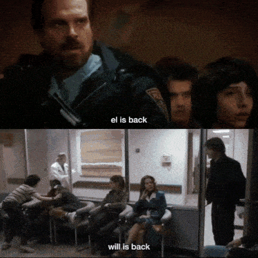 a man in a police uniform is talking to a group of people in a waiting room
