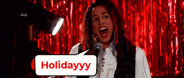 a woman singing into a microphone with a speech bubble that reads holidayyy