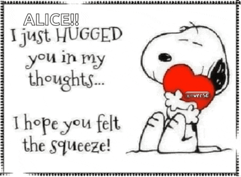 a cartoon of snoopy holding a red heart with the words " i just hugged you in my thoughts "