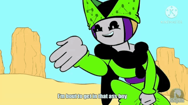 a cartoon character is standing in a desert and talking about getting in that ass boy .