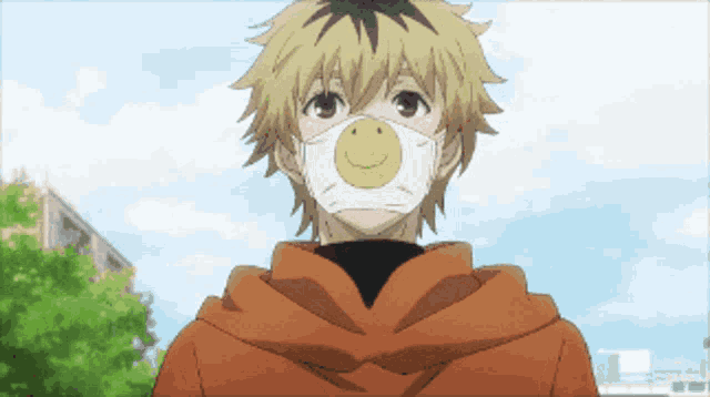 a cartoon character wearing a mask with a smiley face on it