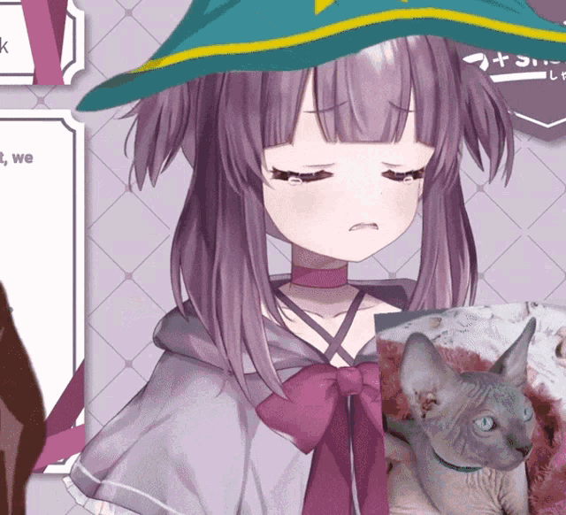 a girl with purple hair is wearing a purple cape and a green hat
