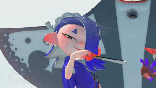 a cartoon character with blue hair and red eyes is holding a brush and smiling .