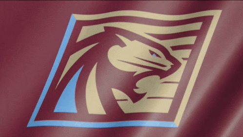 a maroon and gold logo with a blue stripe on the bottom