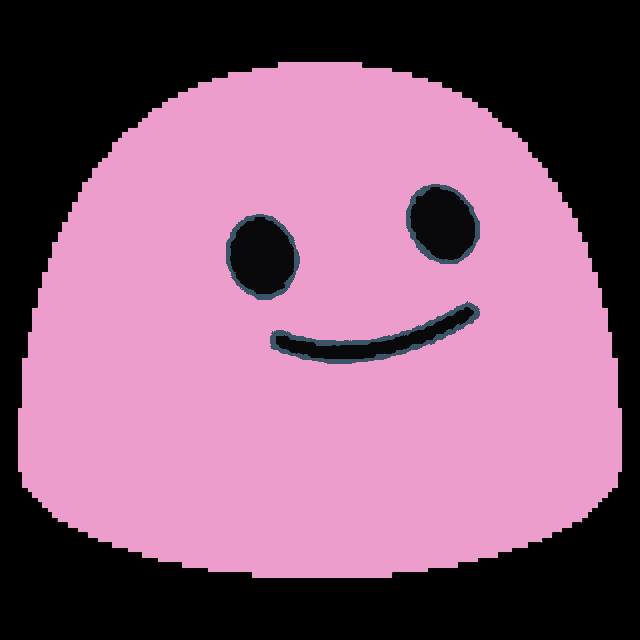 a pixel art illustration of a pink smiley face with black eyes and a smile .